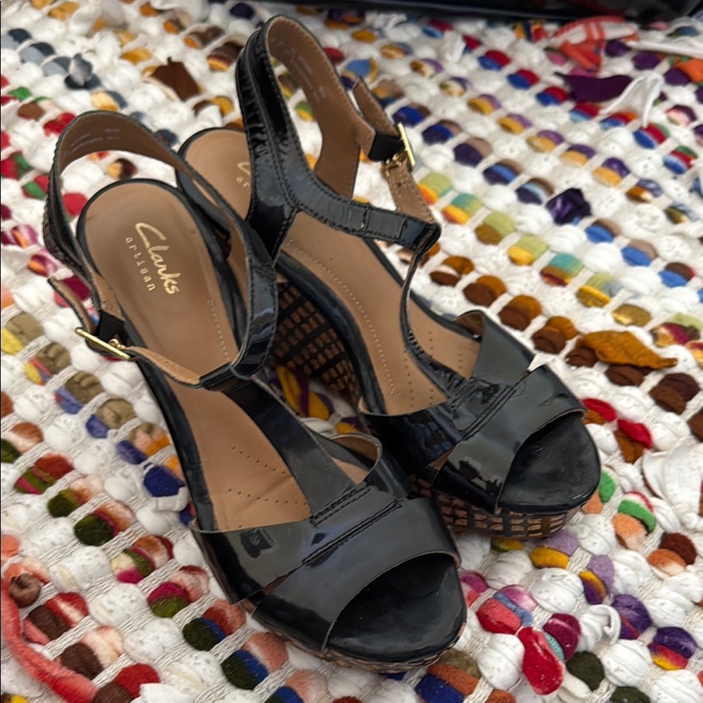 Clarks Black Wedge Sandals with Elegant Straps